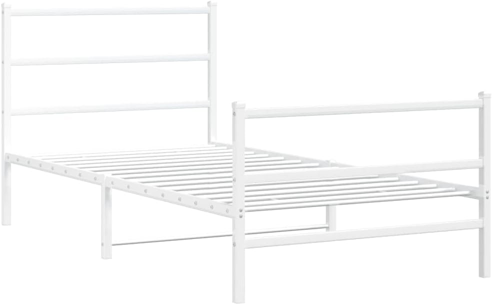 White Steel Twin Bed Frame with Headboard and Footboard, Modern Rectangular Design for Adults and Guests, Sturdy Powder-Coated Metal Construction, Ample Underbed Storage