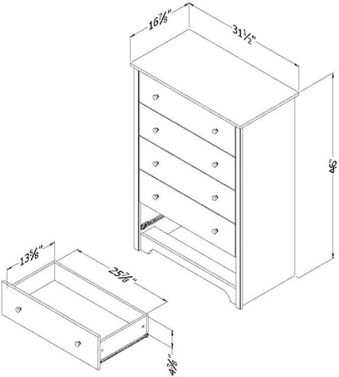 South Shore Vito Collection 5-Drawer Dresser, 16.88'D x 31.5'W x 48.75'H, Pure White with Matte Nickel Handles