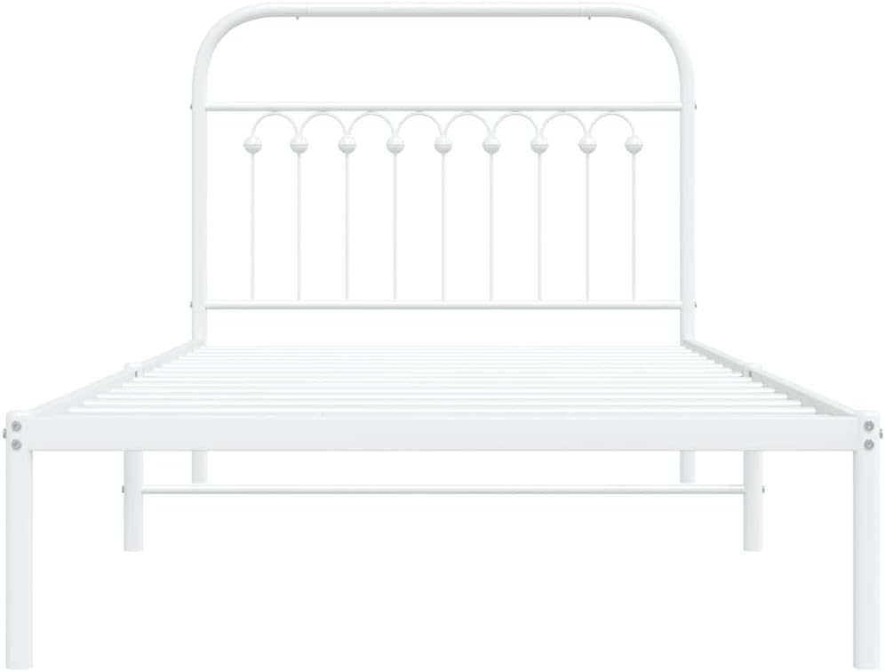 White Steel Bed Frame 39.4 x 78.7 Inches with Headboard, Sturdy Metal Frame for Standard Mattress, Classic Design for Bedroom or Guest Room, Easy Assembly, Rust-Resistant