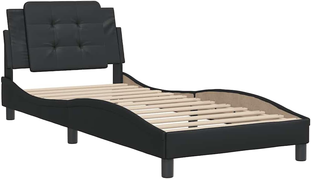 Modern Faux Leather Single Bed Frame Black Durable Sturdy Pine Wood Construction with Cushioned Headboard for Space Saving Design