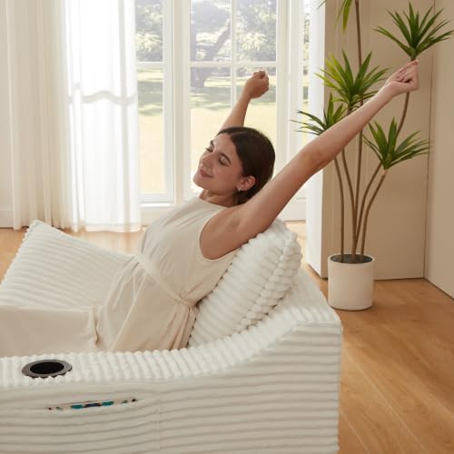 HRVEOCEI 47.2' Oversized Chaise Lounge Chair Indoor, Corduroy Boneless Chaise Lounge with 2 Pillows, Comfy Reading Chair with Ottoman, Black Sleeper Chairs for Adults Living Room Bedroom (White 47.2)