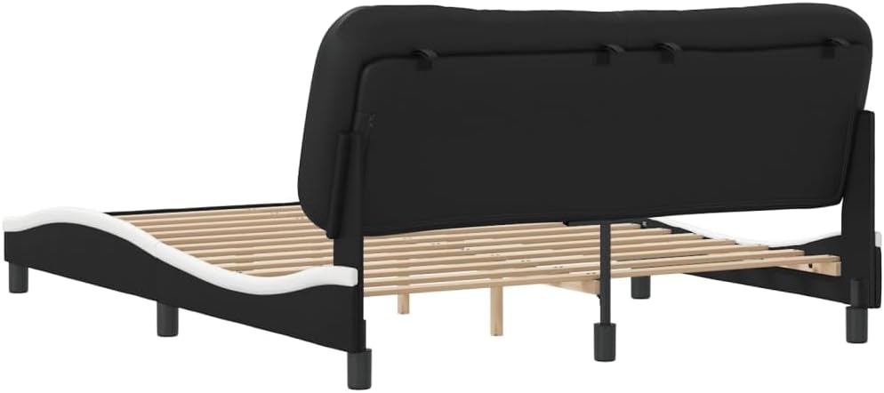Bed Frame Black and White 61.8'x85.8'x29.3' Matte – Modern Platform Bed Frame with Faux Leather Upholstered Headboard for Adult Couples Bedroom Furniture