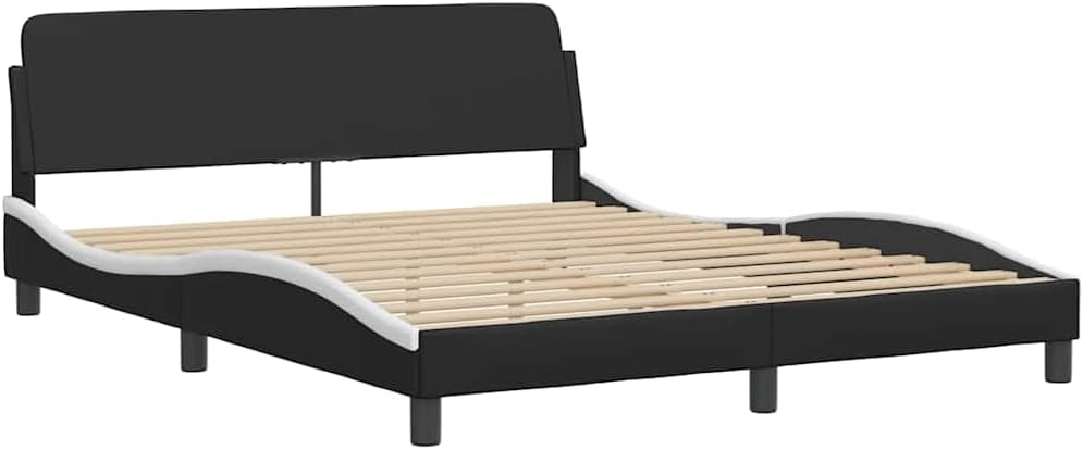 Black and White Faux Leather Full Bed Frame, Durable Modern Platform Bed with Upholstered Headboard, Sturdy Pine Wood Construction for Adult Bedroom, 4 Pieces Set Includes