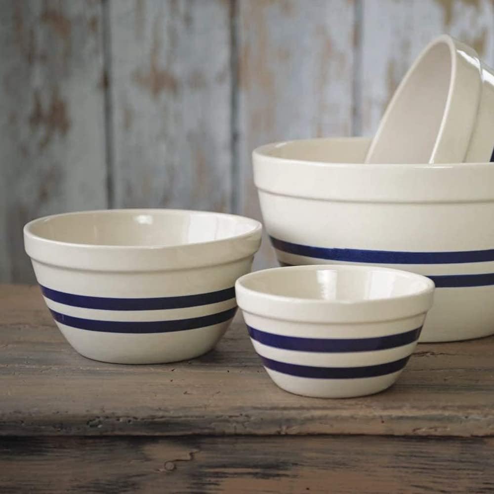 Ohio Stoneware Shoulder Bowls USA Made Tan with Blue Stripe Set of 3 Sizes