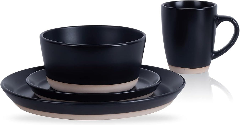 Stone Lain Jules Stoneware 32-Piece Modern Dinnerware Set, Plates and Bowls, Service for 8, Black, Microwave & Dishwasher Safe