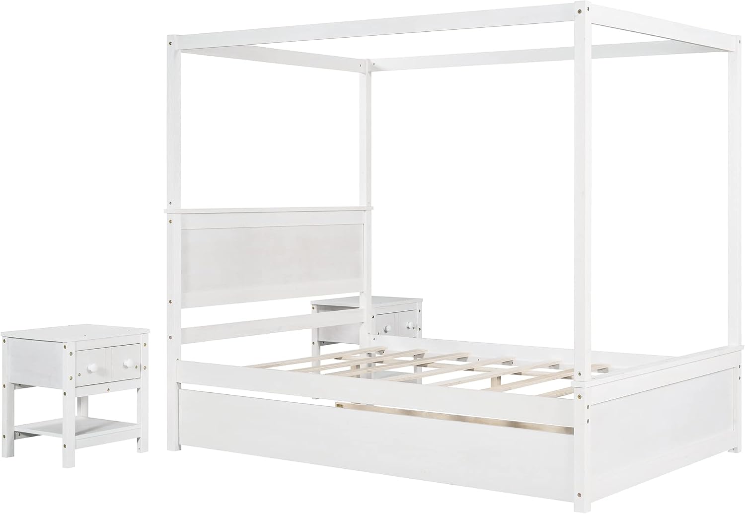 Full Size Wood Canopy Bed with Trundle Bed and Two Nightstand, Modern Bedroom Set for Kids Girls Boys Teens,Can Be Freely Decorated (White+Bedroom Set)