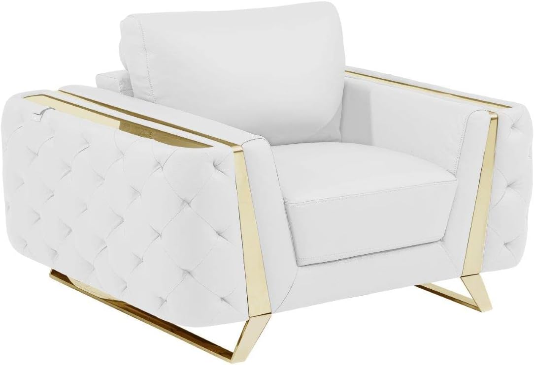 Blackjack Furniture Reggio Collection Full Grain Italian Leather Sofas for Living Room with Brazilian Wood Frame and Stainless Steel Legs, 3-Piece Set, Sofa, Loveseat, and Chair, White