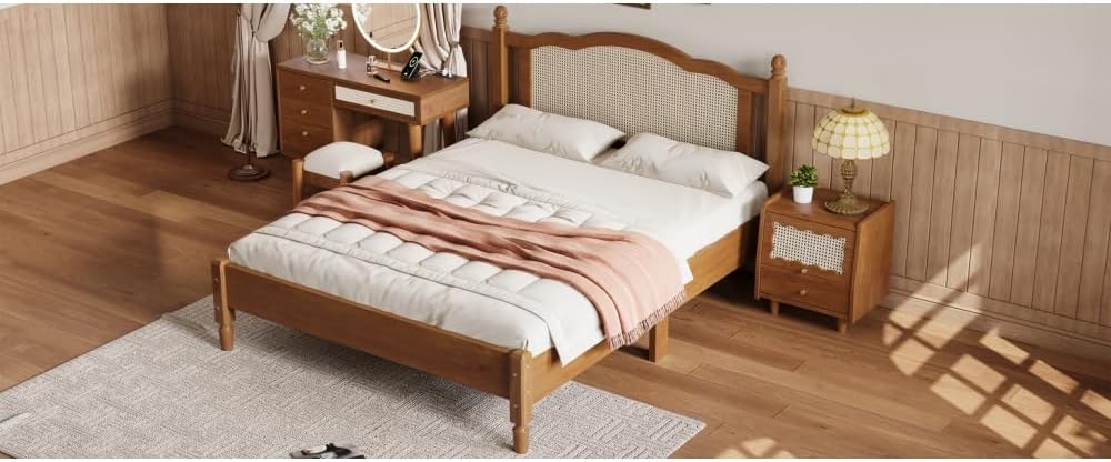3 Pieces Bedroom Set with Full Size Wooden Bed Frame, 1 Vintage Nightstand and 1 Makeup Vanity Set with Stool,Black (Walnut + Wood + Queen + 3 Piece Set)