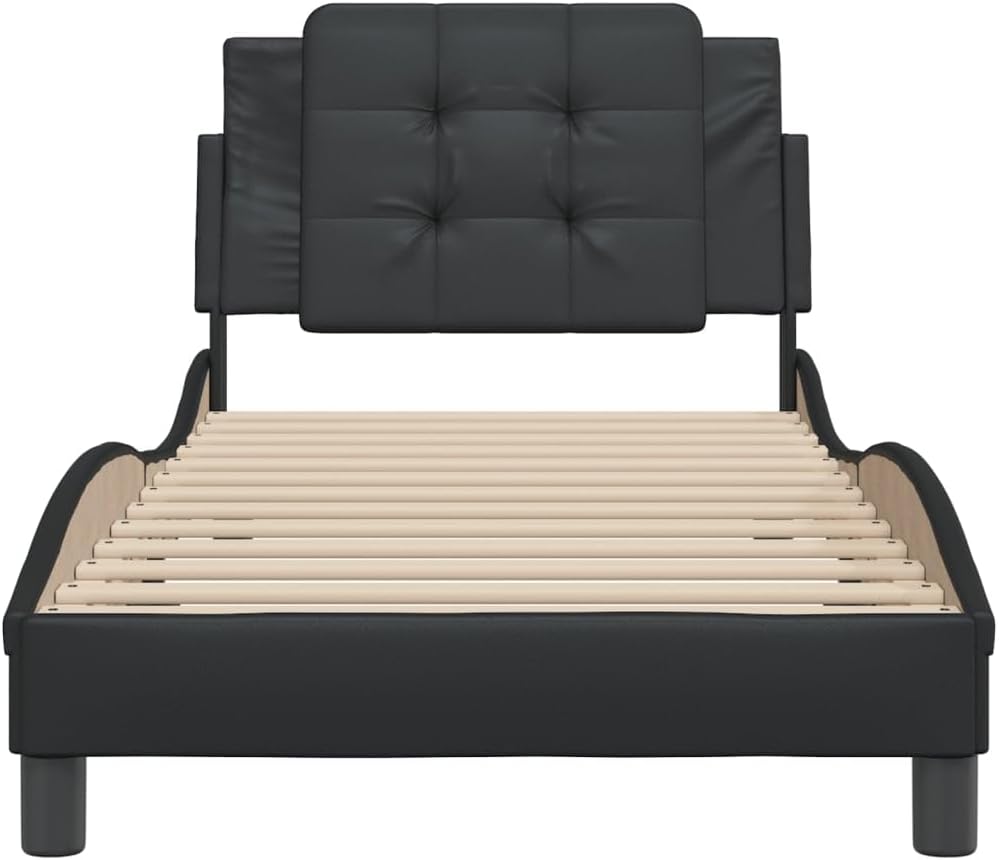 Black Faux Leather Single Bed Frame with Headboard, Durable Pine Wood Construction for Modern Bedroom, 39.4 x 74.8 Inch Mattress Size, Space-Saving Design, Stain-Resistant