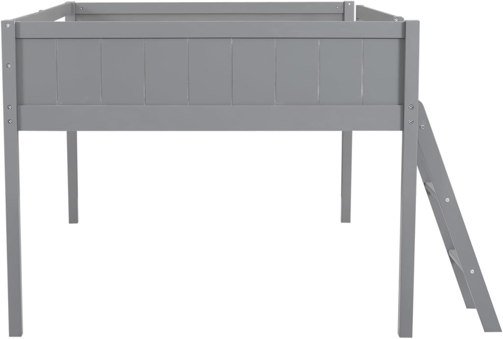 Full Size Loft Bed, Wood Loft Bed with Convertible Ladder, Ladder can be Placed on the Left or Right, Low Loft Bed with Full-Length Guardrails, No Box Spring Required (Gray,Full & Convertible Ladder)