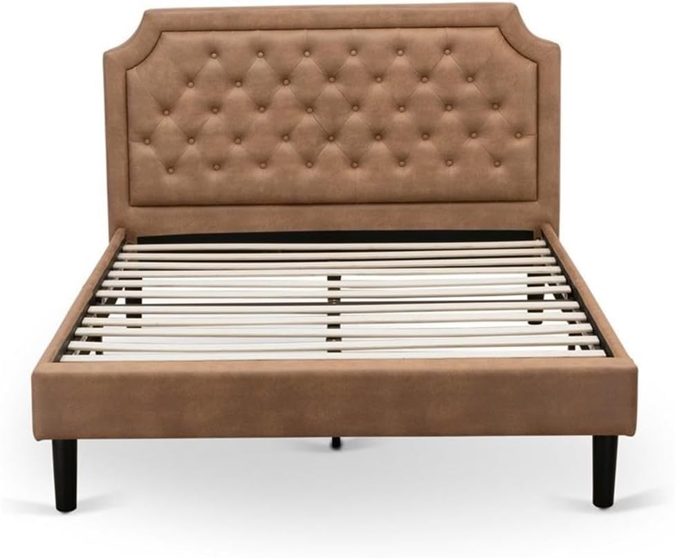 East West Furniture GB28Q-2HI07 3-Pc Wooden Set for Bedroom with Button Tufted Queen Bedframe and 2 Distressed Jacobean End Tables for Bedroom - Brown Faux Leather with Brown Texture and Black Legs