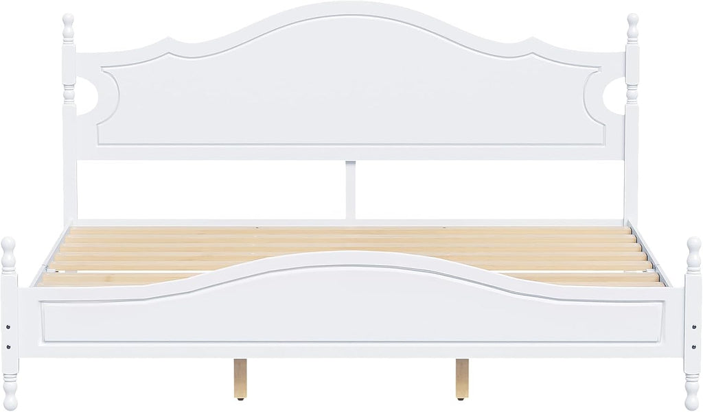 JIVOIT Retro Style Platform Bed with Headboard and Footboard, King Size Wood Platform Bed Frame with Wooden Slat Support, Solid Wood Foundation, No Box Spring Required (White,King,5)