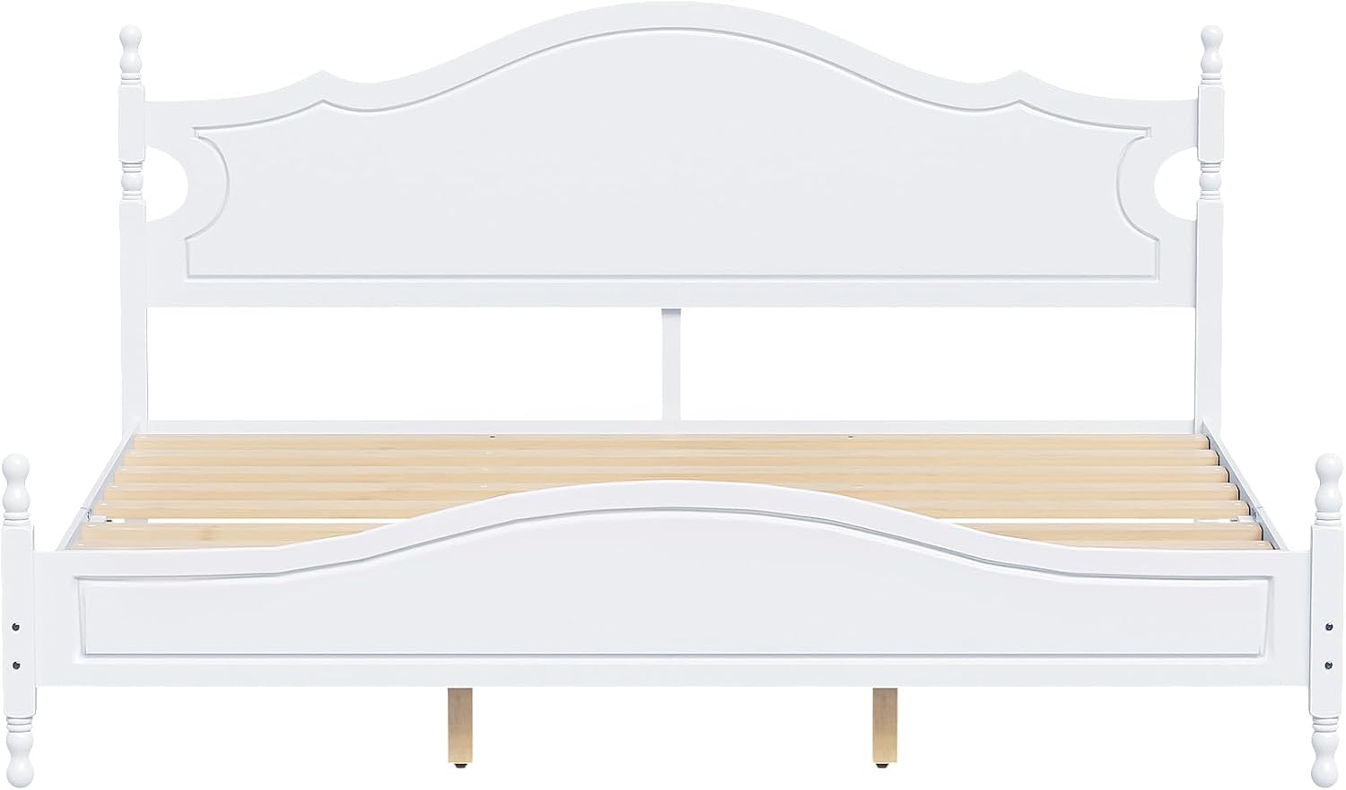 JIVOIT Retro Style Platform Bed with Headboard and Footboard, King Size Wood Platform Bed Frame with Wooden Slat Support, Solid Wood Foundation, No Box Spring Required (White,King,5)