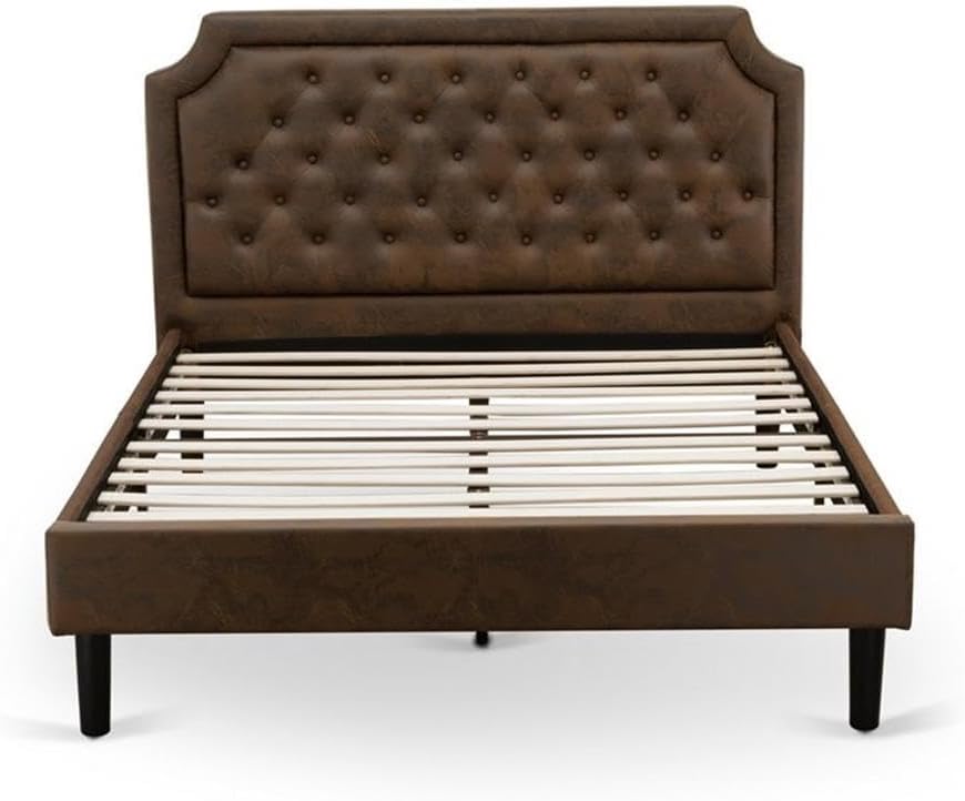 East West Furniture GB25Q-1GA07 2-Piece Granbury Wooden Set for Bedroom with Button Tufted Modern Bed and 1 Distressed Jacobean Night Stand - Dark Brown faux Leather with Black Texture and Black Legs