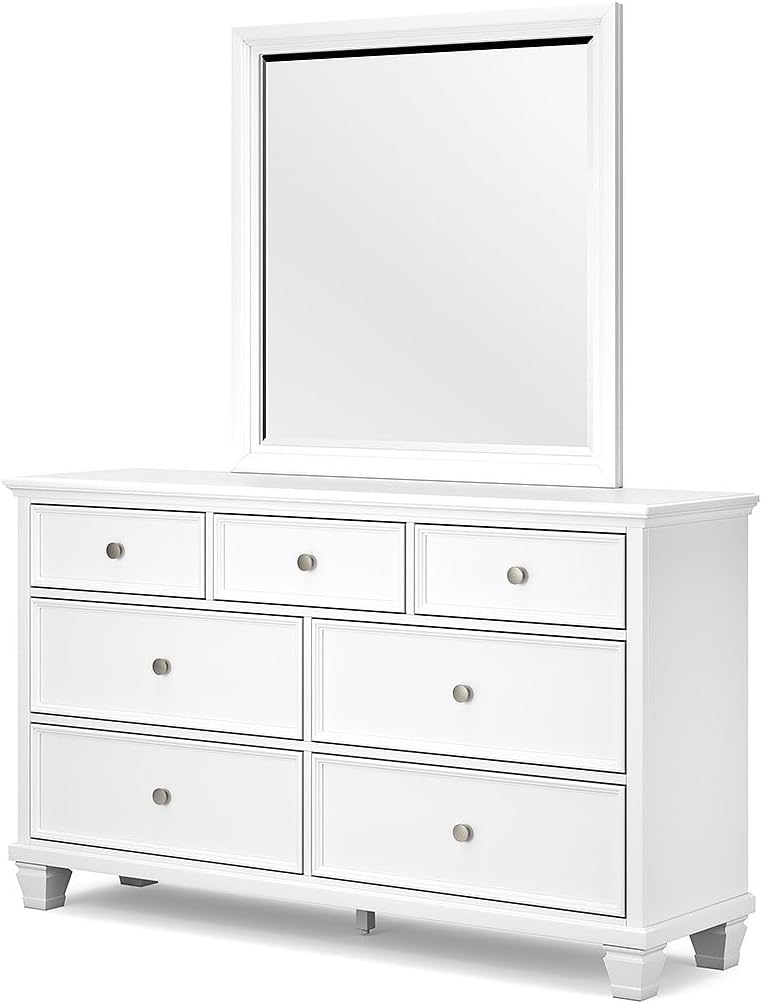Signature Design by Ashley Fortman Casual Dresser and Mirror, Tapered Feet, 7 Storage Drawers, Round Satin Nickel Metal Knobs, Wood, 74.13' High, White