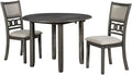 Furnifact Gray 3-Piece Wood Dining Set with Round Drop-Leaf Table and 2 Chairs, Small Space Furniture, Solid Rubberwood, Contemporary Finish