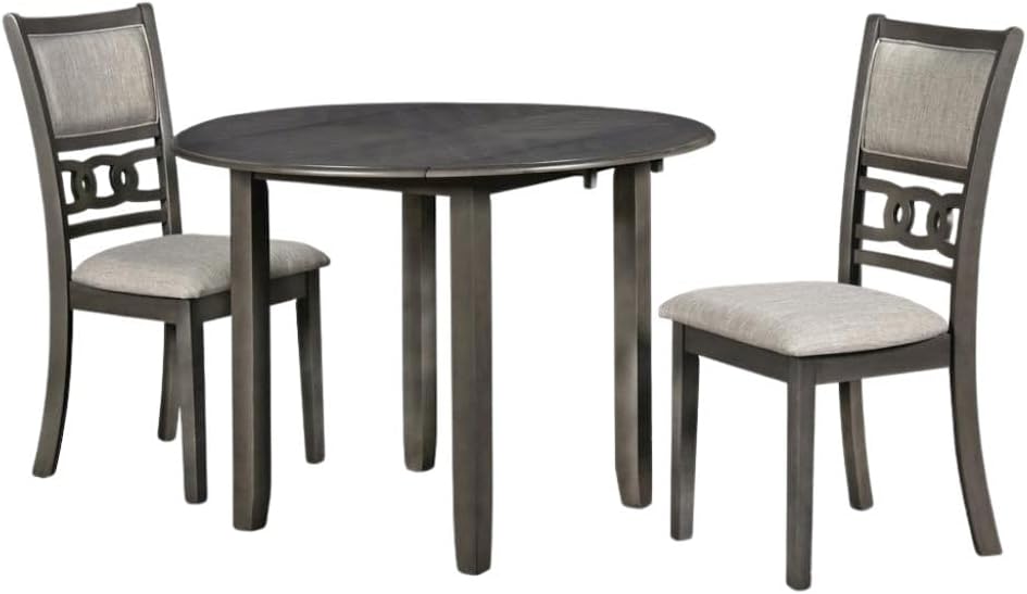 Furnifact Gray 3-Piece Wood Dining Set with Round Drop-Leaf Table and 2 Chairs, Small Space Furniture, Solid Rubberwood, Contemporary Finish