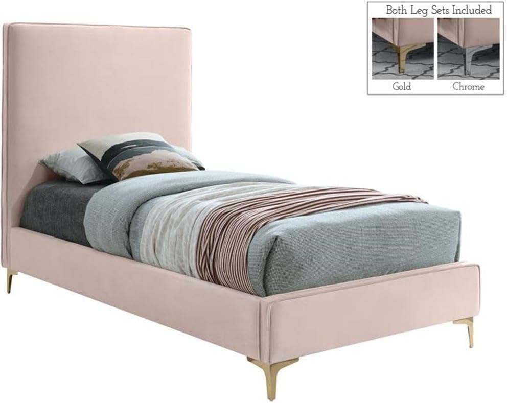 Meridian Furniture Geri Collection Modern | Contemporary Velvet Upholstered Bed with Piping on Headboard and Foorboard in Gold or Chrome Finish, Twin, Pink