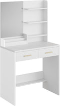 Vanity Desk with Vertical Mirror, White Makeup Table with 2 Drawers Shelves Full-Length Dressing Table Modern Set for Bedroom Dorm Apartment Ideal for Women Girls Teens