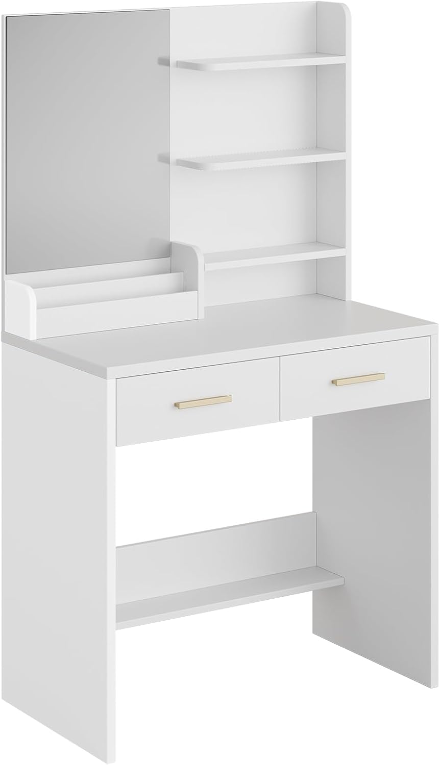 Vanity Desk with Vertical Mirror, White Makeup Table with 2 Drawers Shelves Full-Length Dressing Table Modern Set for Bedroom Dorm Apartment Ideal for Women Girls Teens