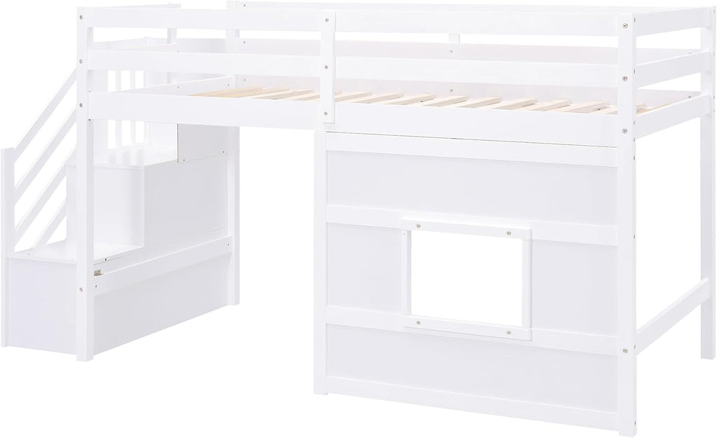 Low Loft Bed with Storage Staircase and Window, Twin Size Loft Bed with Guardrails and Wood Slats Support, Solid Wood Bed Frame, Space Saving Design, No Box Spring Need (White,Staircase+Window)