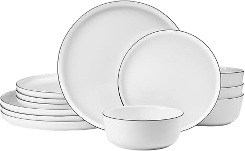 Mikasa Samantha 12 Piece Bone China Dinnerware Plate and Bowl Set, Service for 4, Black Banded Rim, Chip-Resistant, Lightweight, Durable, White