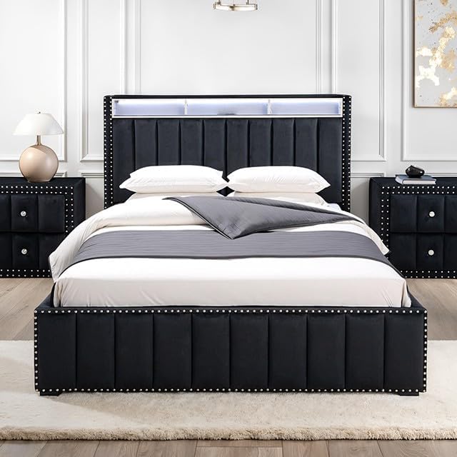 MASARA Modern 3 Pcs Platform Bedroom Set, Black Upholstered, Contemporary Style, Crystal Knobs, Nailhead Trim, Bed with 2 Nightstands (Queen)