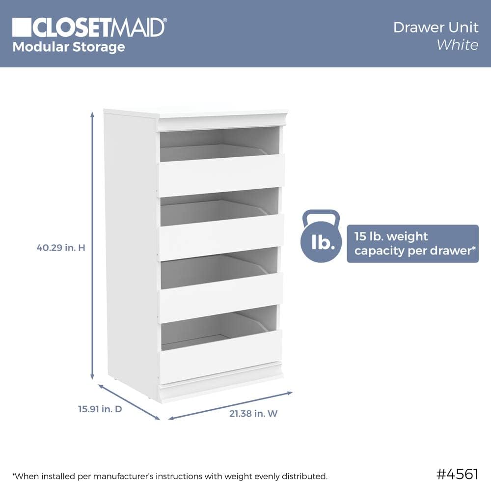 ClosetMaid Modular Storage Unit with 4 Drawers, Wood Closet Organizer, Stacking, Full Backer, Storage, Decorative Trim, White