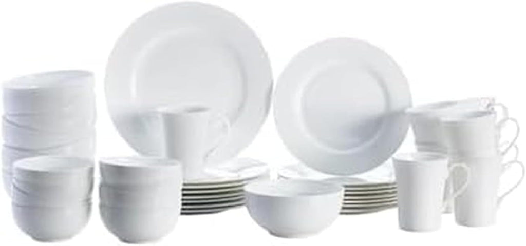 Mikasa Delray 40-Piece Bone China Dinnerware Set, White Round Dishes for 8 - Dinner Plates, Salad Plates, Cereal Bowls, Fruit Bowls and Mugs