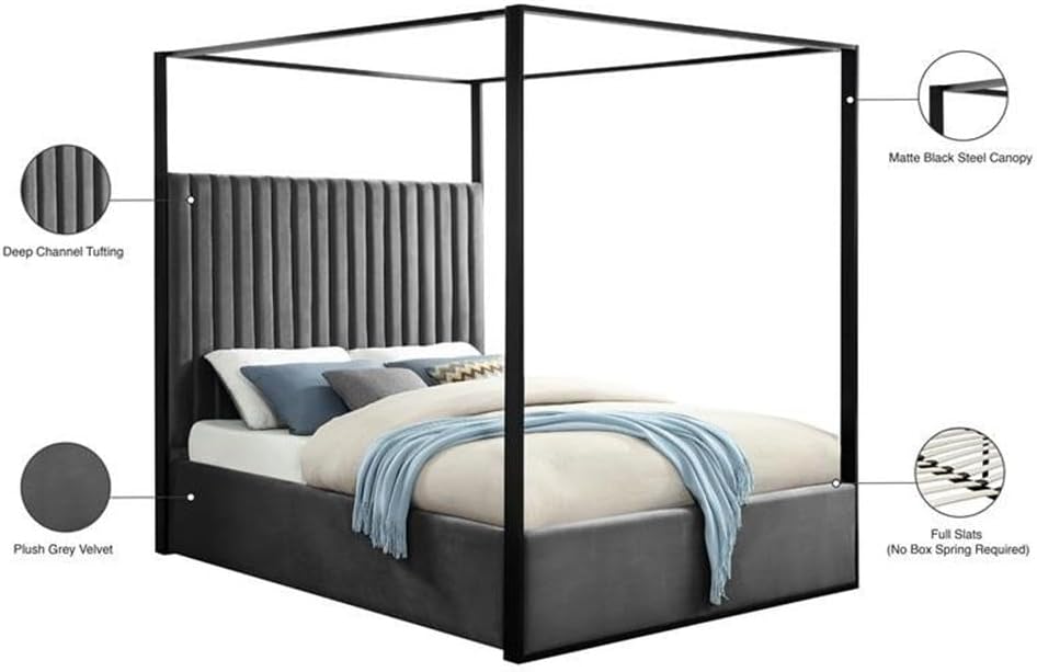 MAKLAINE Contemporary Queen Bed, Solid Wood Frame and Steel Canopy, Gray Velvet Upholstery, Matte Black Finish, Deep Channel Tufting, Full Slats, 66.5' W x 86.5' D x 78.5' H, Bedroom Furniture