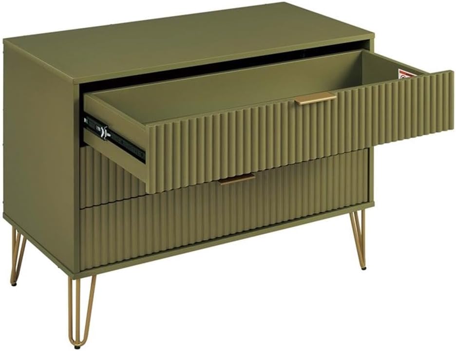 Pemberly Row 2-Piece MDF Bedroom Dresser Set, Olive Green Finish, Includes 3-Drawer Dresser and 1.0 Nightstand, Ribbed Drawer Fronts, Gold Metal Handles and Legs, Modern Glam Storage for Bedroom