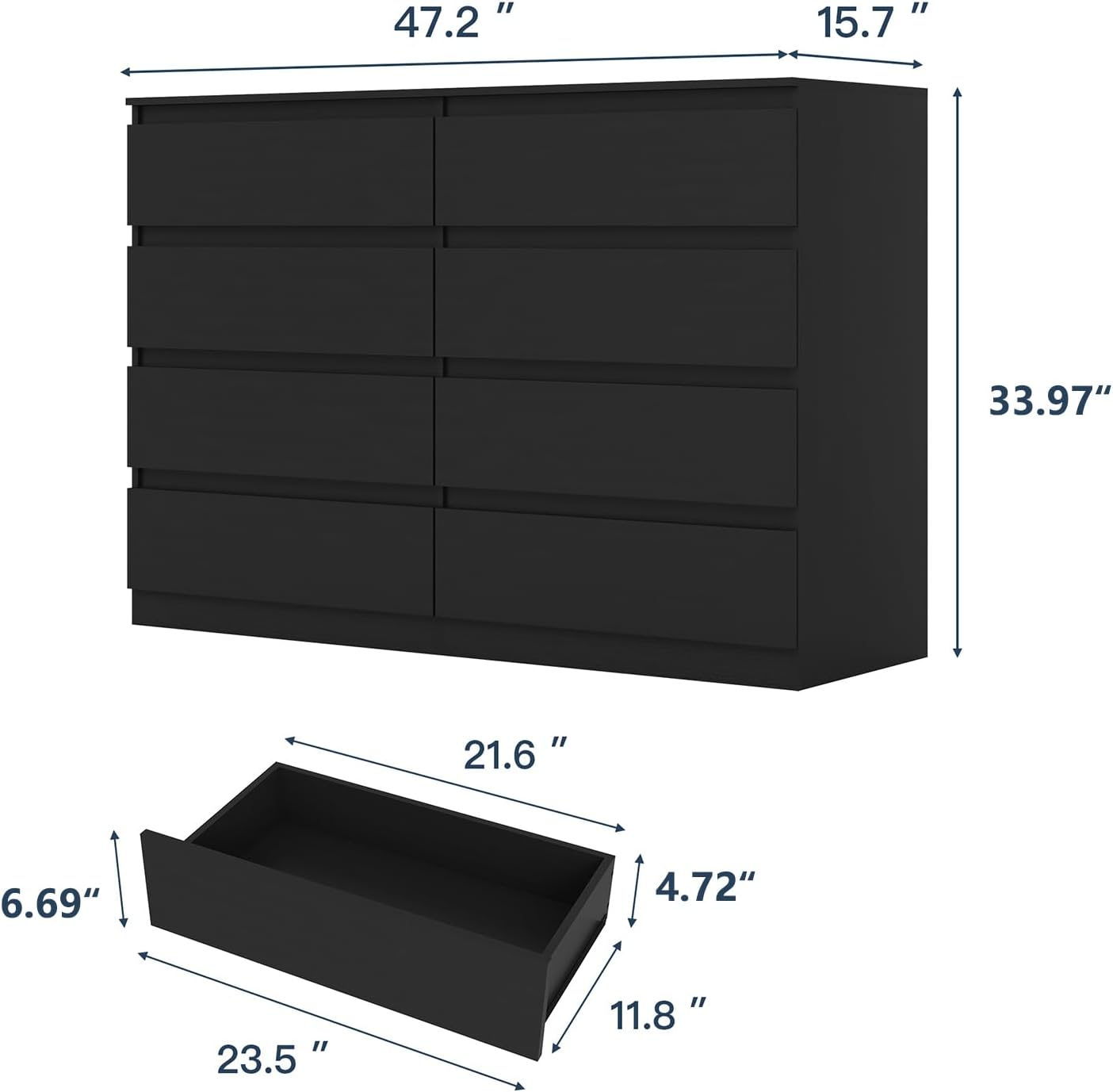 Black 8 Drawer Dresser for Bedroom,Modern Large Dresser with Deep Drawer,Wide Storage Chest of Drawer, Bedroom Storage Furniture Drawers for Bedroom