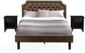 East West Furniture GB25Q-2GA06 3-Piece Bedroom Furniture Set with Button Tufted Queen Size Bed and 2 Wire Brushed Black Bedroom Nightstand - Dark Brown faux Leather with Black Texture and Black Legs