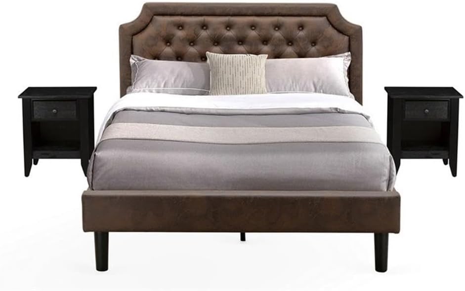 East West Furniture GB25Q-2GA06 3-Piece Bedroom Furniture Set with Button Tufted Queen Size Bed and 2 Wire Brushed Black Bedroom Nightstand - Dark Brown faux Leather with Black Texture and Black Legs