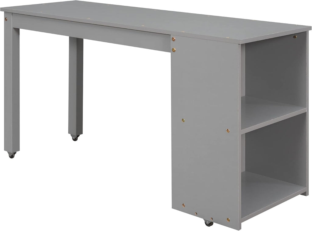 JIVOIT Full Size Low Loft Bed with Rolling Portable Desk, Wooden Loft Bed with Cabinet/Bookshelf/Drawers/Open Shelves for Kids Teens Adults, No Box Spring Required (Gray-Full-Rolling Portable Desk)
