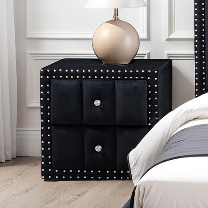 MASARA Modern 3 Pcs Platform Bedroom Set, Black Upholstered, Contemporary Style, Crystal Knobs, Nailhead Trim, Bed with 2 Nightstands (Queen)
