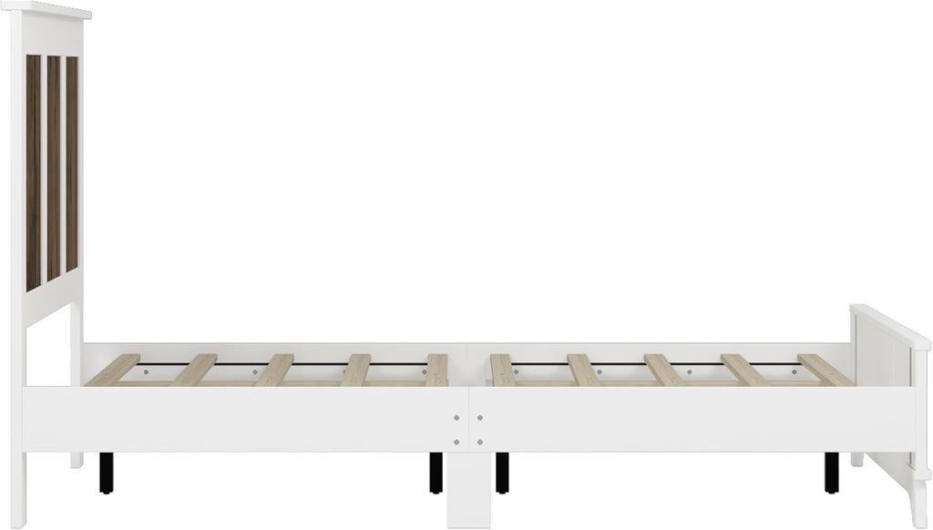 JIVOIT Farmhouse Wooden Platform Bed, Queen Size Platform Bed with Wooden Strip Decoration Headboard and Footboard, Plywood Slats Support, No Box Spring Required (White,Queen,268)