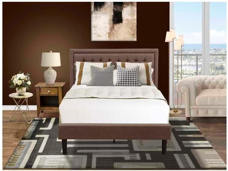 HomeStock Medieval Moods 2 Pc Wood Bedroom Set 1 Full Bed Frame Brown Linen Fabric Padded and Button Tufted Headboard 1 Mid Century Nightstand with Wooden Drawer Black Finish Legs