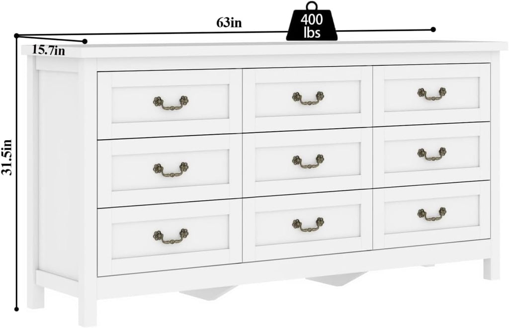Loomie Upgraded 9-Drawer Dresser for Bedroom, 63' Wide Dresser TV Stand for TVs up to 75', Farmhouse Long Storage Wooden Dressers Organizer, Large Chest of Drawers with Vintage Pull for Closet, White