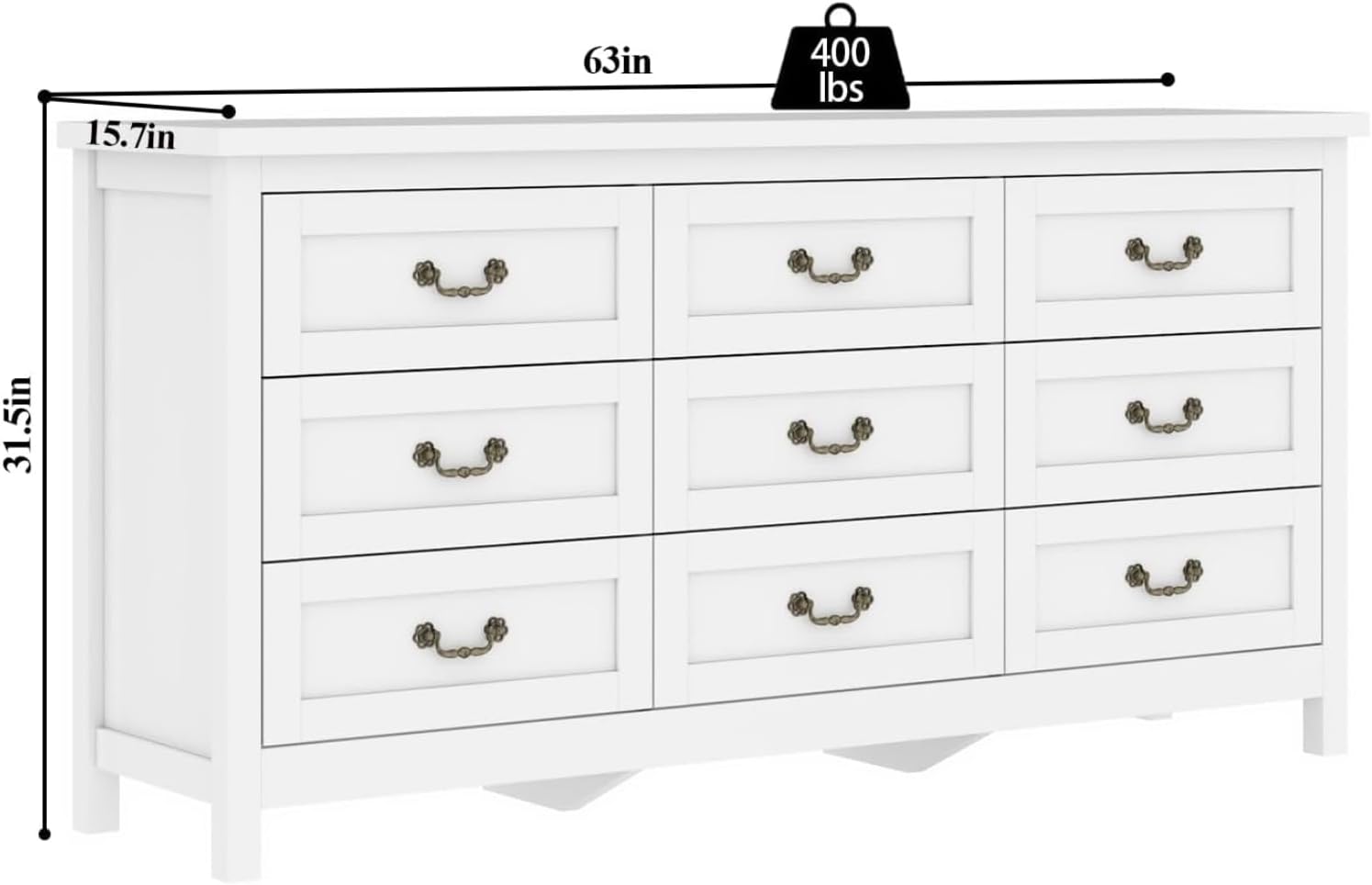 Loomie Upgraded 9-Drawer Dresser for Bedroom, 63' Wide Dresser TV Stand for TVs up to 75', Farmhouse Long Storage Wooden Dressers Organizer, Large Chest of Drawers with Vintage Pull for Closet, White