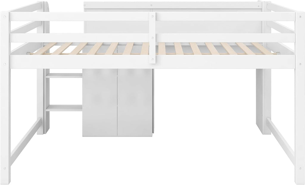 JIVOIT Full Size Loft Bed with Built-in Desk, Wooden Low Loft Bed with Storage Cabinets and Open Bookcase, Whiteboard for Graffiti, Safety Guardrail & Ladder, Easy Assembly (White//57)