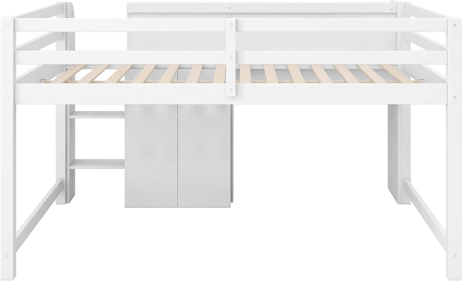 JIVOIT Full Size Loft Bed with Built-in Desk, Wooden Low Loft Bed with Storage Cabinets and Open Bookcase, Whiteboard for Graffiti, Safety Guardrail & Ladder, Easy Assembly (White//57)