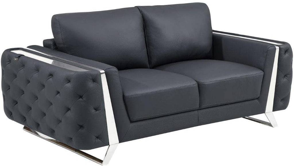 Blackjack Furniture Reggio Collection Full Grain Italian Leather Sofas for Living Room with Brazilian Wood Frame and Stainless Steel Legs, 3-Piece Set, Sofa, Loveseat, and Chair, Dark Gray