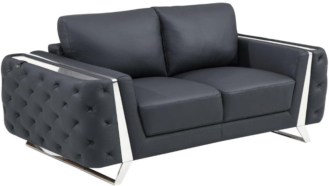 Blackjack Furniture Reggio Collection Full Grain Italian Leather Sofas for Living Room with Brazilian Wood Frame and Stainless Steel Legs, 3-Piece Set, Sofa, Loveseat, and Chair, Dark Gray
