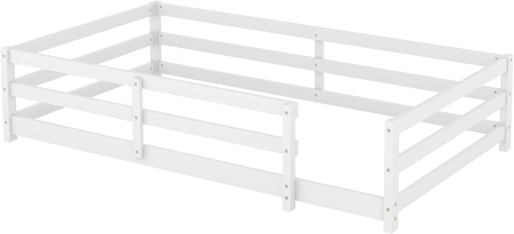Modern Classic Full Size Bed Frame with Fence, Sturdy Wood Montessori Floor Bed for s, Boys, Girls, Dorm, Bedroom, House, Easy to Assemble, Noise-Free Design, No Box Spring Needed,White-Tw