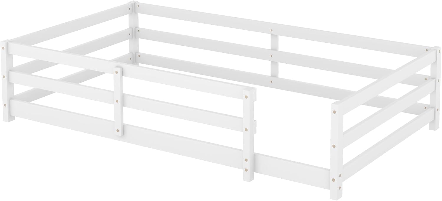 Modern Classic Full Size Bed Frame with Fence, Sturdy Wood Montessori Floor Bed for s, Boys, Girls, Dorm, Bedroom, House, Easy to Assemble, Noise-Free Design, No Box Spring Needed,White-Tw