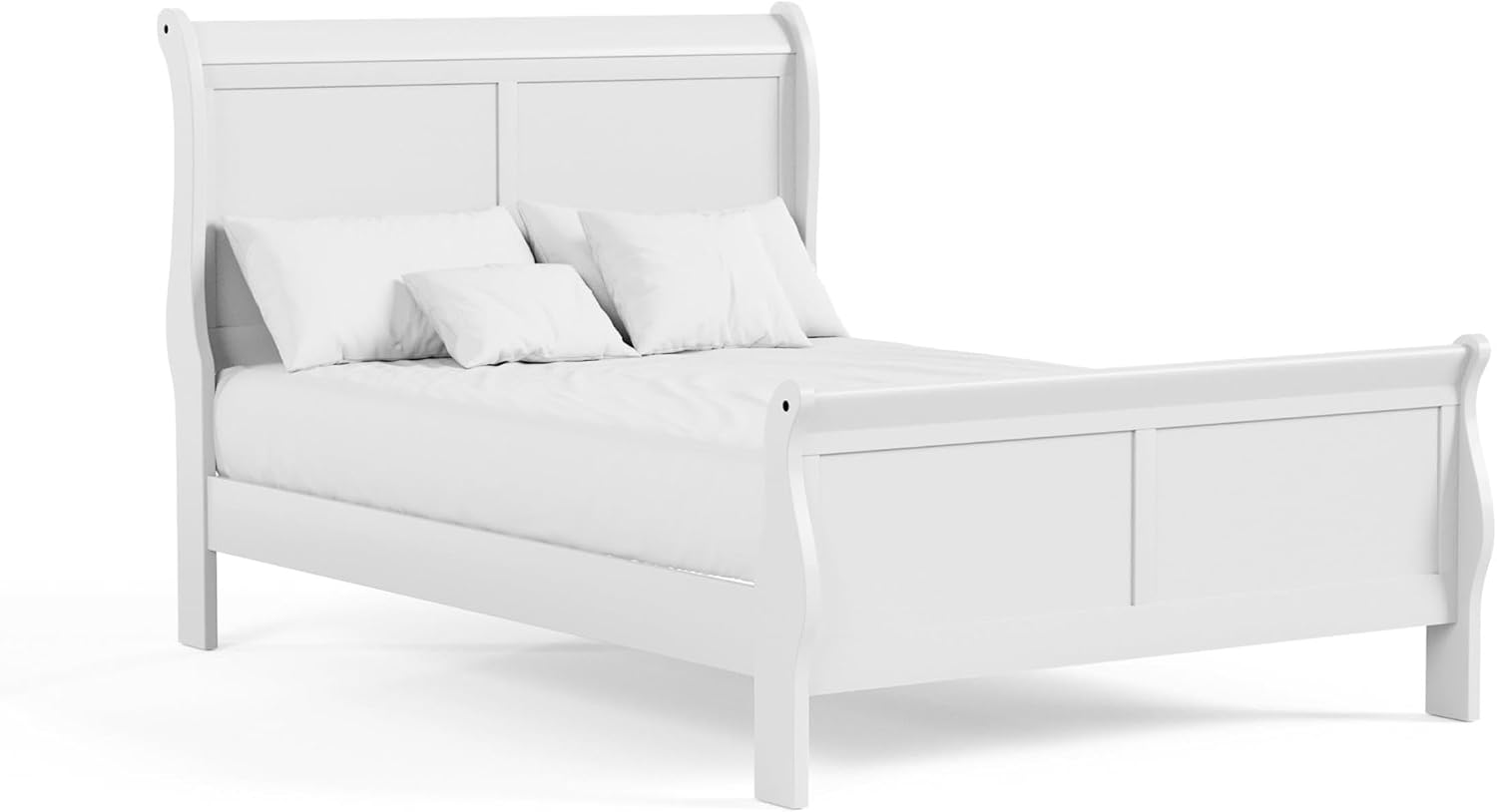 MAKLAINE Modern Transitional Solid Wood Full Bed, White Finish, Sleigh Design with Paneled Headboard and Footboard, 83.5' L x 56.25' W x 47.25' H, Durable Kids Bed for Bedroom, Box Spring Required