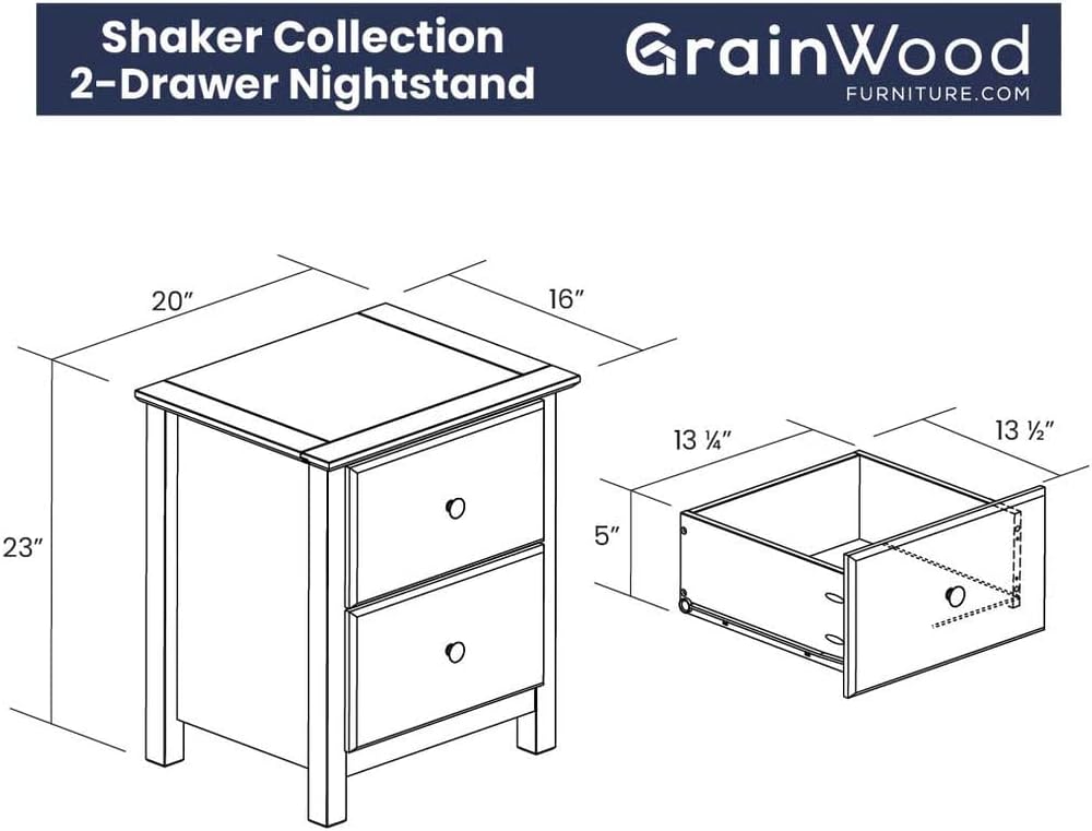 Grain Wood Furniture Shaker 2-Drawer Bedside Nightstand, Solid Wood with Expresso Finish