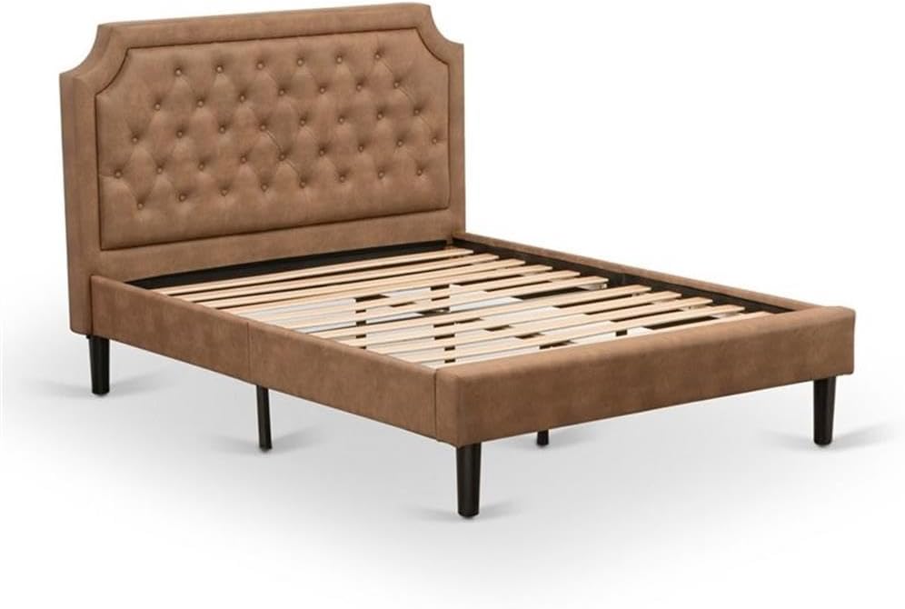 East West Furniture GB28F-1GA08 2-Piece Granbury Wooden Set for Bedroom with Button Tufted Platform Bed and an Antique Walnut Wood Nightstand - Brown faux Leather with Brown Texture and Black Legs