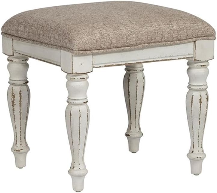 Pemberly Row Contemporary Magnolia Manor 3-Piece Vanity Set, Antique White and Weathered Brown Finish, Ivory Tweed Chenille Upholstered Stool, Trifold Mirror, Bedroom Furniture